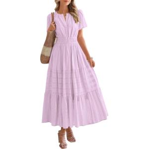 imageBTFBM Womens Summer 2025 Casual Midi Maxi Dresses Lightweight Short Sleeve V Neck Elastic Waist Boho Beach Dress PocketsLight Pink Purple