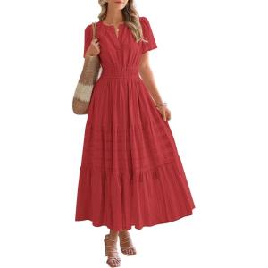 imageBTFBM Womens Summer 2025 Casual Midi Maxi Dresses Lightweight Short Sleeve V Neck Elastic Waist Boho Beach Dress PocketsRed