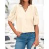 imageBTFBM Womens Lace Puff Sleeve Tops 2025 Summer V Neck Casual Button Down Shirts Loose Dressy Work Business Blouse TopBeige