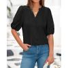 imageBTFBM Womens Lace Puff Sleeve Tops 2025 Summer V Neck Casual Button Down Shirts Loose Dressy Work Business Blouse TopBlack
