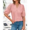 imageBTFBM Womens Lace Puff Sleeve Tops 2025 Summer V Neck Casual Button Down Shirts Loose Dressy Work Business Blouse TopPink