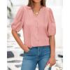 imageBTFBM Womens Lace Puff Sleeve Tops 2025 Summer V Neck Casual Button Down Shirts Loose Dressy Work Business Blouse TopPink