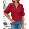 imageBTFBM Womens Lace Puff Sleeve Tops 2025 Summer V Neck Casual Button Down Shirts Loose Dressy Work Business Blouse TopRed