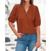 imageBTFBM Womens Lace Puff Sleeve Tops 2025 Summer V Neck Casual Button Down Shirts Loose Dressy Work Business Blouse TopRust Red