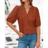 imageBTFBM Womens Lace Puff Sleeve Tops 2025 Summer V Neck Casual Button Down Shirts Loose Dressy Work Business Blouse TopRust Red