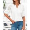 imageBTFBM Womens Lace Puff Sleeve Tops 2025 Summer V Neck Casual Button Down Shirts Loose Dressy Work Business Blouse TopWhite