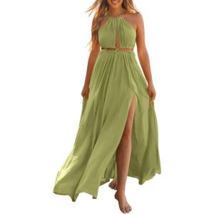 imageBTFBM Women Halter Summer Dresses 2025 Sleeveless Cutout Backless Slit Boho Party Cocktail Casual Maxi Beach Sun DressSolid Green