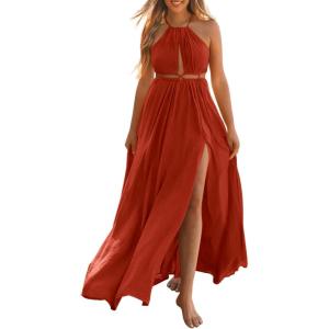 imageBTFBM Women Halter Summer Dresses 2025 Sleeveless Cutout Backless Slit Boho Party Cocktail Casual Maxi Beach Sun DressSolid Orange Red