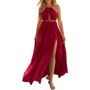 imageBTFBM Women Halter Summer Dresses 2025 Sleeveless Cutout Backless Slit Boho Party Cocktail Casual Maxi Beach Sun DressSolid Red