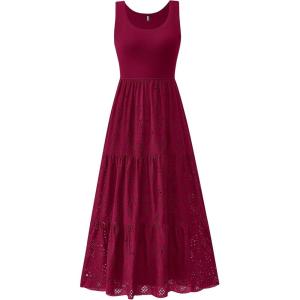 imageBTFBM Women Summer Eyelet Midi Dresses Casual Spring 2025 Sleeveless A Line Flowy Vacation Beach Wedding Guest Sun DressJujube Red
