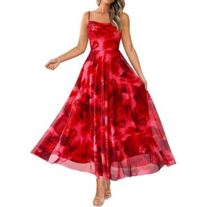 imageBTFBM Women Summer Floral Maxi Dresses Elegant Spaghetti Strap Dress Printed Party Dress Beach Long DressesFloral Red