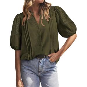 imageBTFBM Womens Lace Puff Sleeve Tops 2025 Summer V Neck Casual Button Down Shirts Loose Dressy Work Business Blouse TopArmy Green