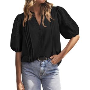 imageBTFBM Womens Lace Puff Sleeve Tops 2025 Summer V Neck Casual Button Down Shirts Loose Dressy Work Business Blouse TopBlack