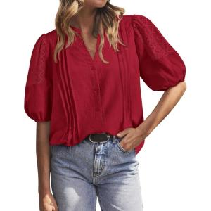 imageBTFBM Womens Lace Puff Sleeve Tops 2025 Summer V Neck Casual Button Down Shirts Loose Dressy Work Business Blouse TopRed