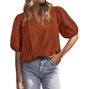 imageBTFBM Womens Lace Puff Sleeve Tops 2025 Summer V Neck Casual Button Down Shirts Loose Dressy Work Business Blouse TopRust Red
