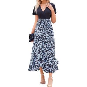 imageBTFBM Womens Maxi Summer Dresses 2025 Short Sleeve V Neck Boho Floral Print Belted High Low Ruffle Party Cocktail DressFloral White Blue