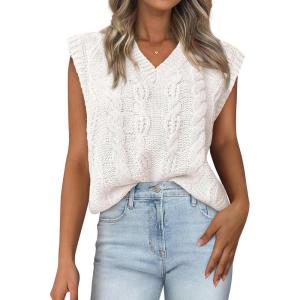 imageBTFBM Womens Oversized Sweater Vest 2025 Summer V Neck Casual Sleeveless Sweaters Loose Cable Knit Pullover TopsBeige White