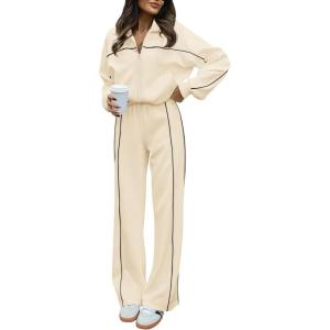 imageBTFBM Womens Two Piece Tracksuit Fall 2025 Long Sleeve Zip Up Sweatshirt Long Pants Outfits Jogger Sweatsuit SetsSolid Apricot