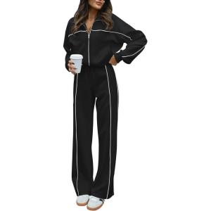 imageBTFBM Womens Two Piece Tracksuit Fall 2025 Long Sleeve Zip Up Sweatshirt Long Pants Outfits Jogger Sweatsuit SetsSolid Black