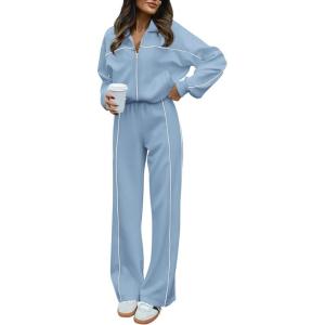 imageBTFBM Womens Two Piece Tracksuit Fall 2025 Long Sleeve Zip Up Sweatshirt Long Pants Outfits Jogger Sweatsuit SetsSolid Blue