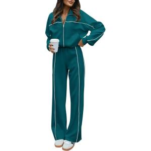 imageBTFBM Womens Two Piece Tracksuit Fall 2025 Long Sleeve Zip Up Sweatshirt Long Pants Outfits Jogger Sweatsuit SetsSolid Blue Green
