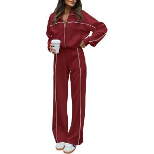 imageBTFBM Womens Two Piece Tracksuit Fall 2025 Long Sleeve Zip Up Sweatshirt Long Pants Outfits Jogger Sweatsuit SetsSolid Brick Red