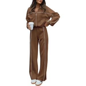imageBTFBM Womens Two Piece Tracksuit Fall 2025 Long Sleeve Zip Up Sweatshirt Long Pants Outfits Jogger Sweatsuit SetsSolid Brown