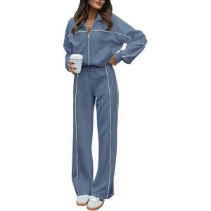 imageBTFBM Womens Two Piece Tracksuit Fall 2025 Long Sleeve Zip Up Sweatshirt Long Pants Outfits Jogger Sweatsuit SetsSolid Grey Blue