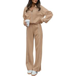 imageBTFBM Womens Two Piece Tracksuit Fall 2025 Long Sleeve Zip Up Sweatshirt Long Pants Outfits Jogger Sweatsuit SetsSolid Khakki