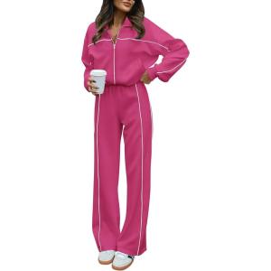 imageBTFBM Womens Two Piece Tracksuit Fall 2025 Long Sleeve Zip Up Sweatshirt Long Pants Outfits Jogger Sweatsuit SetsSolid Rose Red