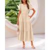 imageBTFBM Women Casual Summer Dresses 2025 Crewneck Flutter Short Sleeve Elastic Waist Aline Tiered Flowy Maxi Dress PocketsSolid Beige