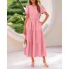 imageBTFBM Women Casual Summer Dresses 2025 Crewneck Flutter Short Sleeve Elastic Waist Aline Tiered Flowy Maxi Dress PocketsSolid Pink