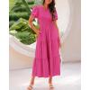 imageBTFBM Women Casual Summer Dresses 2025 Crewneck Flutter Short Sleeve Elastic Waist Aline Tiered Flowy Maxi Dress PocketsSolid Rose Red
