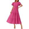 imageBTFBM Women Casual Summer Dresses 2025 Crewneck Flutter Short Sleeve Elastic Waist Aline Tiered Flowy Maxi Dress PocketsSolid Rose Red