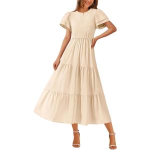 imageBTFBM Women Casual Summer Dresses 2025 Crewneck Flutter Short Sleeve Elastic Waist Aline Tiered Flowy Maxi Dress PocketsSolid Beige