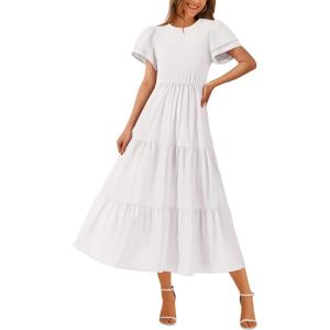 imageBTFBM Women Casual Summer Dresses 2025 Crewneck Flutter Short Sleeve Elastic Waist Aline Tiered Flowy Maxi Dress PocketsSolid Beige White