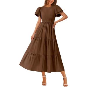 imageBTFBM Women Casual Summer Dresses 2025 Crewneck Flutter Short Sleeve Elastic Waist Aline Tiered Flowy Maxi Dress PocketsSolid Brown