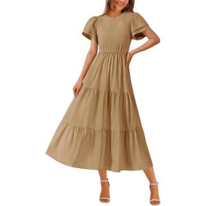imageBTFBM Women Casual Summer Dresses 2025 Crewneck Flutter Short Sleeve Elastic Waist Aline Tiered Flowy Maxi Dress PocketsSolid Khaki