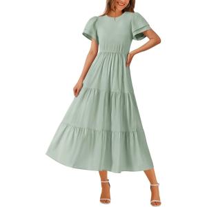imageBTFBM Women Casual Summer Dresses 2025 Crewneck Flutter Short Sleeve Elastic Waist Aline Tiered Flowy Maxi Dress PocketsSolid Light Green