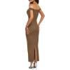 imageBTFBM Womens Summer Formal Maxi Dresses 2025 One Shoulder Knit Bodycon Back Slit Elegant Cocktail Wedding Guest DressCamel