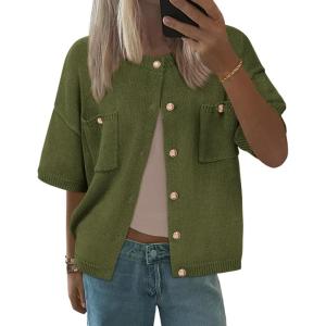 imageBTFBM Women Short Sleeve Cardigan Button Down Shirts Summer 2025 Crew Neck Y2k Sweater Business Casual Work Knit TopsArmy Green