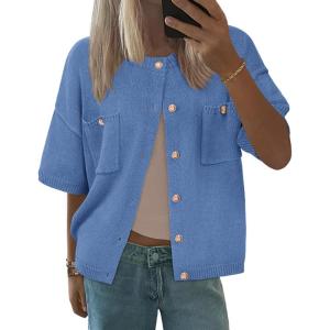 imageBTFBM Women Short Sleeve Cardigan Button Down Shirts Summer 2025 Crew Neck Y2k Sweater Business Casual Work Knit TopsBlue