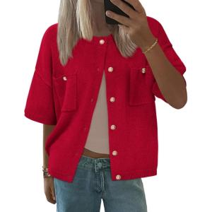 imageBTFBM Women Short Sleeve Cardigan Button Down Shirts Summer 2025 Crew Neck Y2k Sweater Business Casual Work Knit TopsRed