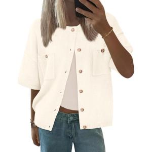 imageBTFBM Women Short Sleeve Cardigan Button Down Shirts Summer 2025 Crew Neck Y2k Sweater Business Casual Work Knit TopsWhite