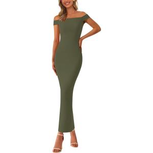 imageBTFBM Womens Summer Formal Maxi Dresses 2025 One Shoulder Knit Bodycon Back Slit Elegant Cocktail Wedding Guest DressArmy Green