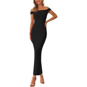 imageBTFBM Womens Summer Formal Maxi Dresses 2025 One Shoulder Knit Bodycon Back Slit Elegant Cocktail Wedding Guest DressBlack