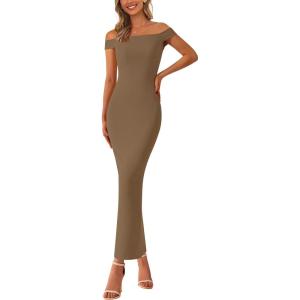 imageBTFBM Womens Summer Formal Maxi Dresses 2025 One Shoulder Knit Bodycon Back Slit Elegant Cocktail Wedding Guest DressCamel