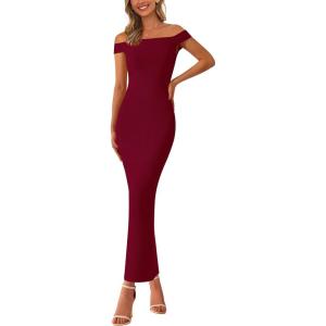 imageBTFBM Womens Summer Formal Maxi Dresses 2025 One Shoulder Knit Bodycon Back Slit Elegant Cocktail Wedding Guest DressWine Red