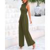imageBTFBM One Piece Jumpsuits For Women Dressy Casual Spring Summer Outfits 2025 Sleeveless Mock Neck Wide Leg Pants RompersSolid Army Green