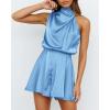 imageBTFBM Womens Mock Neck Summer Romper 2025 Casual Beach Outfits Satin Sleeveless Elastic Waist One Piece Shorts JumpsuitsLight Blue